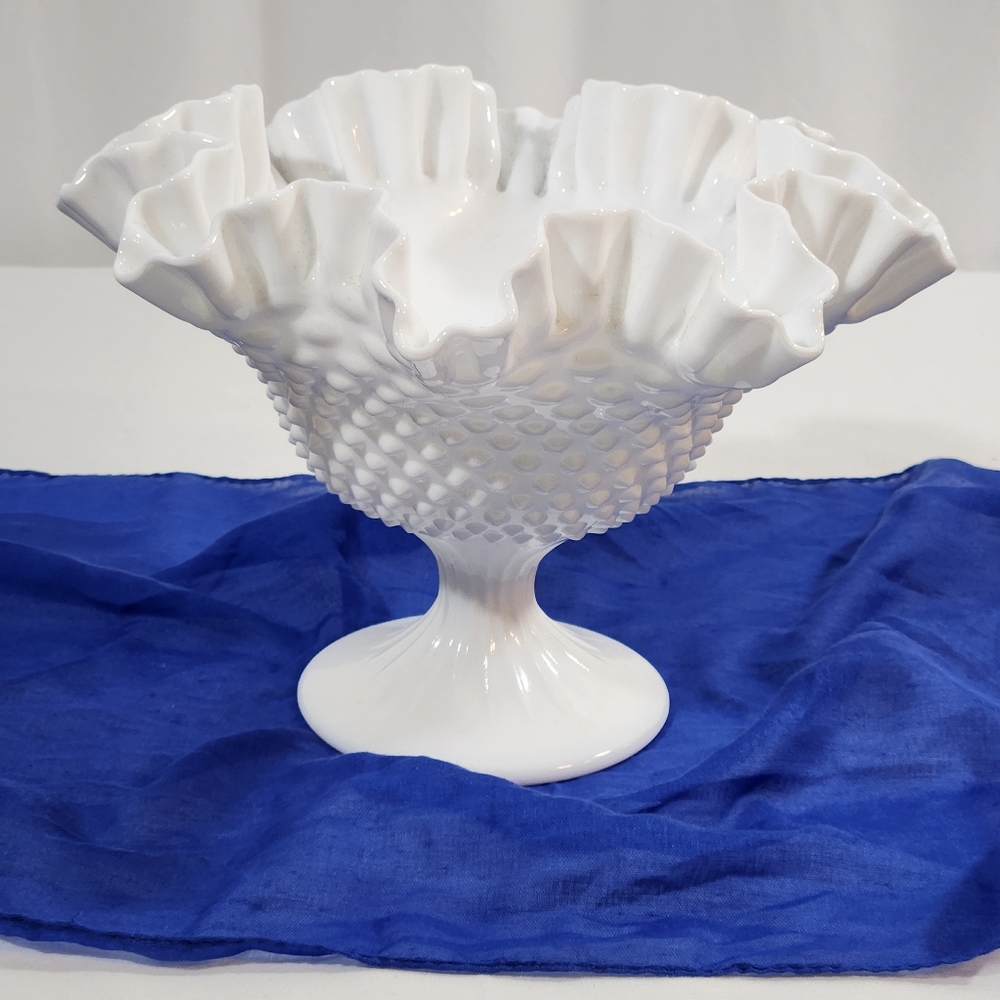 Fenton Milk Glass Hobnail Pedestal Bowl with Ruffled Edge